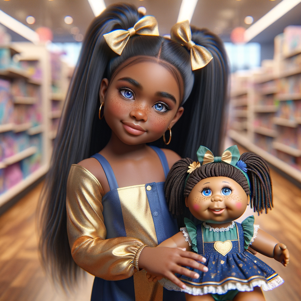 Create a 3-D image of an african-American little girl inside of a medium size, toy store. The little girl has thick long, ponytails and huge blue eyes. She has on a gold and blue jumpsuit with matching bows, She is playing with her favorite african-American cabbage patch doll, the doll has deep, dimples, and freckles and looks just like her