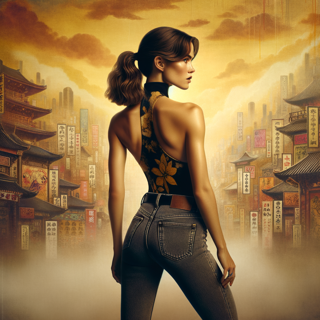 Athletic Thin skinny Attractive, Asian teenage girl, long brown hair and bangs, wearing tight skinny jeans and a halter top paint marks on her clothing, heroic pose Asian graffiti background, backside view