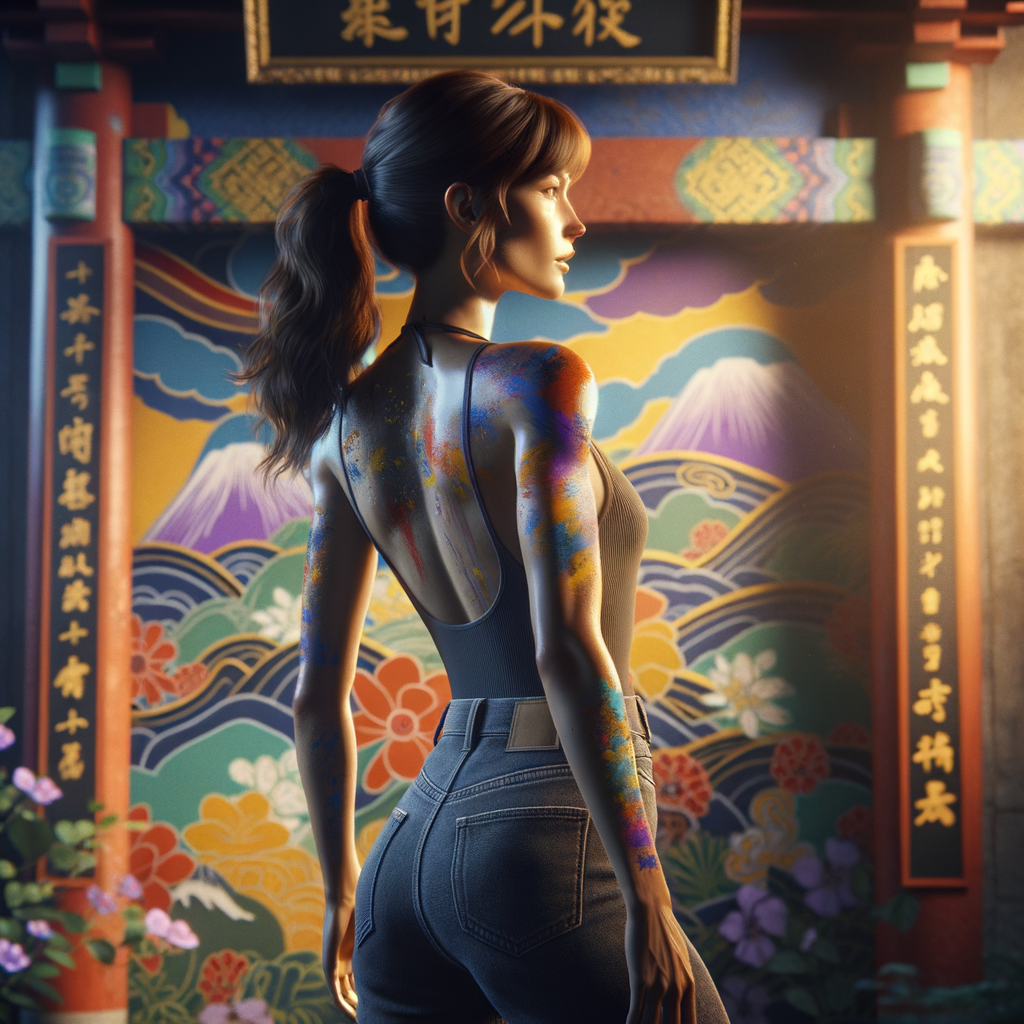 Athletic Thin skinny Attractive, Asian teenage girl, long brown hair and bangs, wearing tight skinny jeans and a halter top paint marks on her clothing, heroic pose Asian graffiti background,  backside view