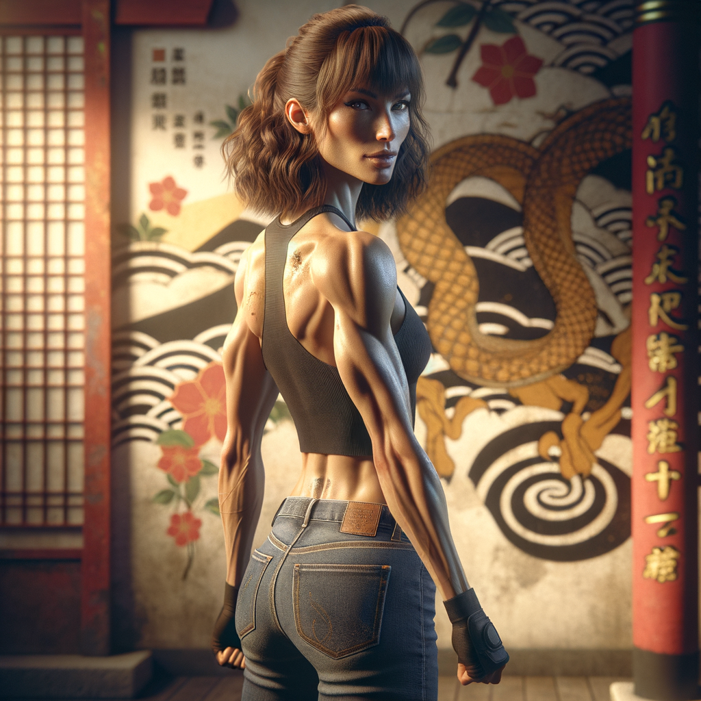 Athletic Thin skinny Attractive, Asian teenage girl, long brown hair and bangs, wearing tight skinny jeans and a halter top paint marks on her clothing, heroic pose Asian graffiti background, backside view