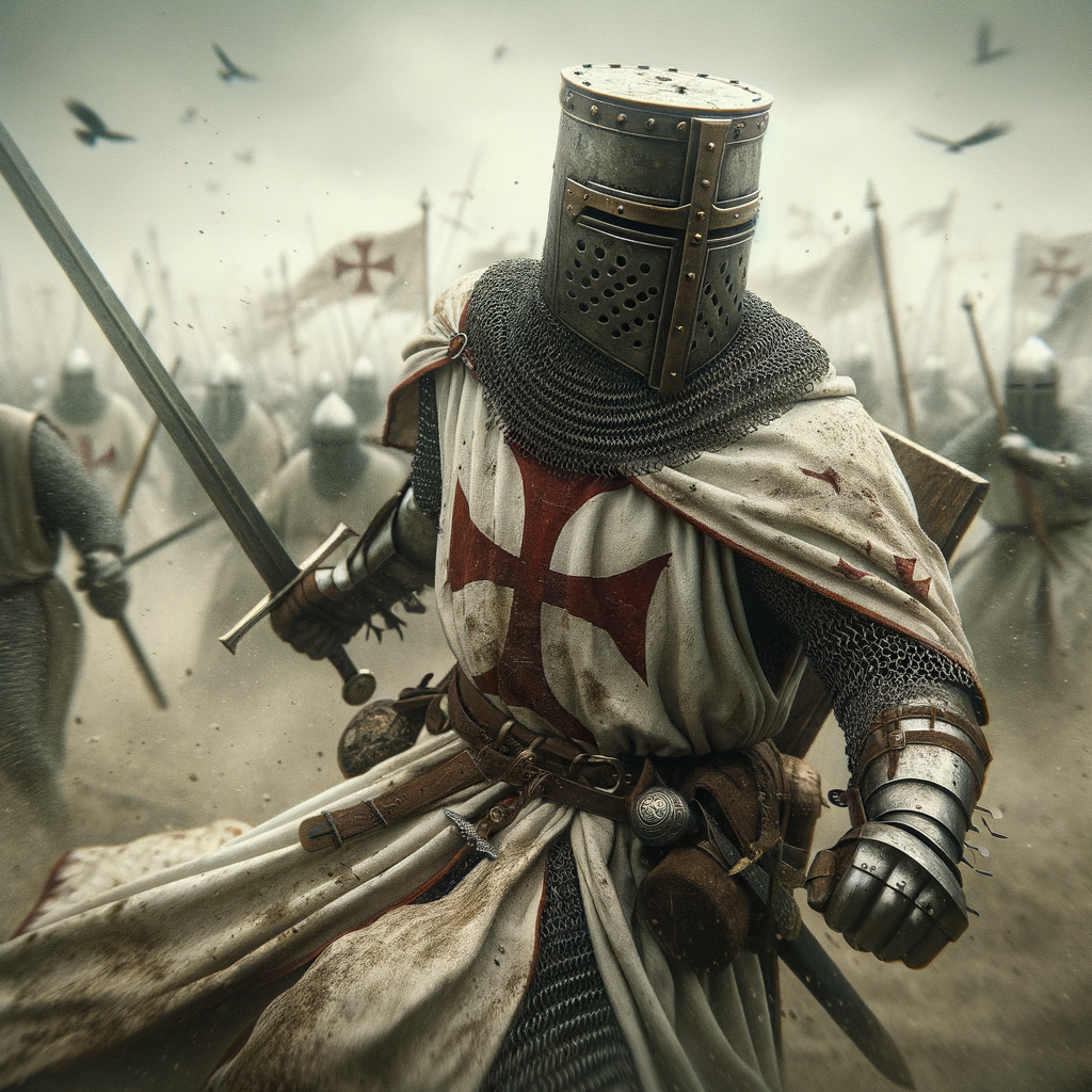 A Templar knight in a battle scene, ultra hyper photorealistic