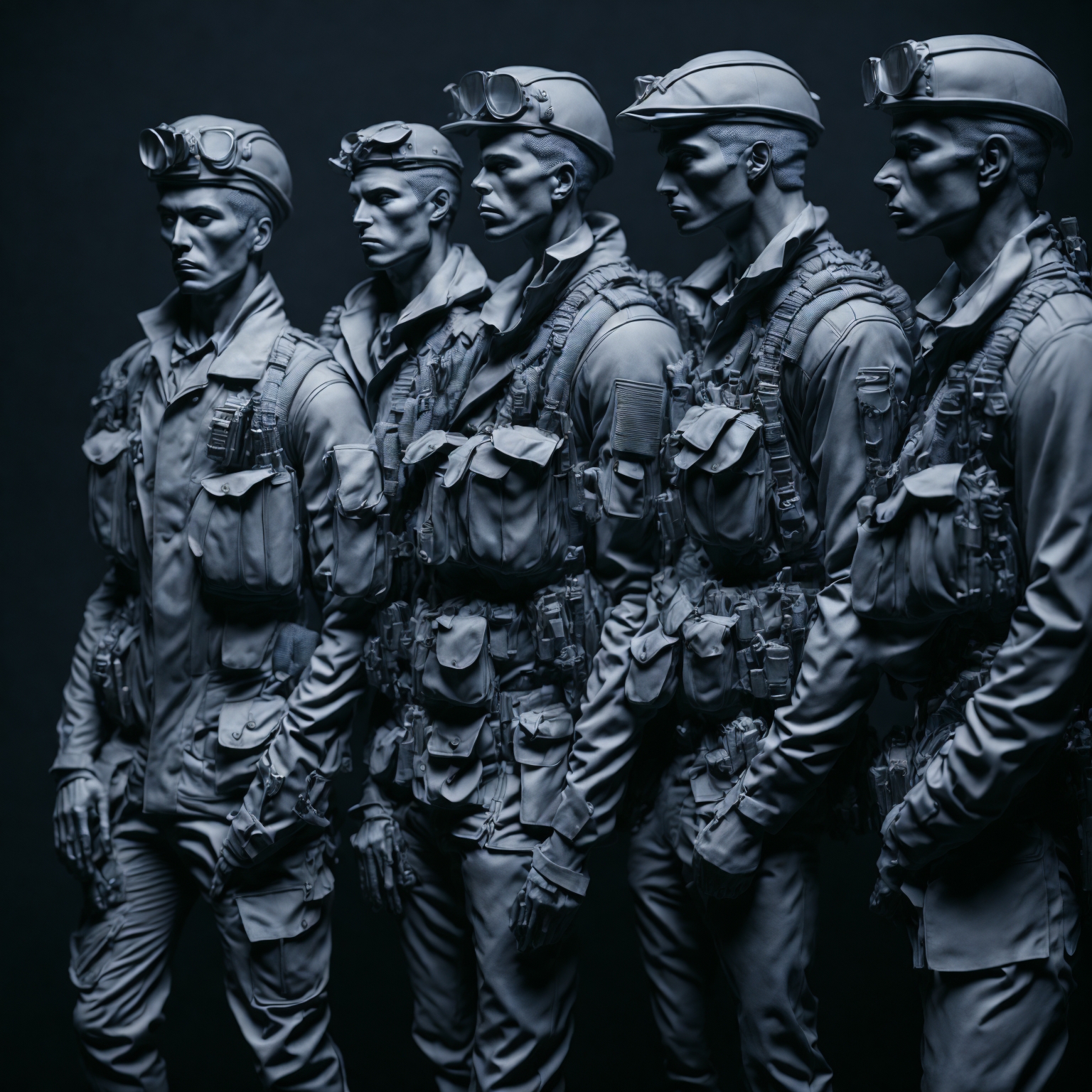 Design a high-contrast grayscale 3d bas relief of three marine soldiers, The composition should be circular like a coin emblem, designed for CNC routing with balanced lighting to accentuate fine details, sharp edges, and distinct textures. Employ deep shadows and strong highlights to define planes and surfaces clearly.