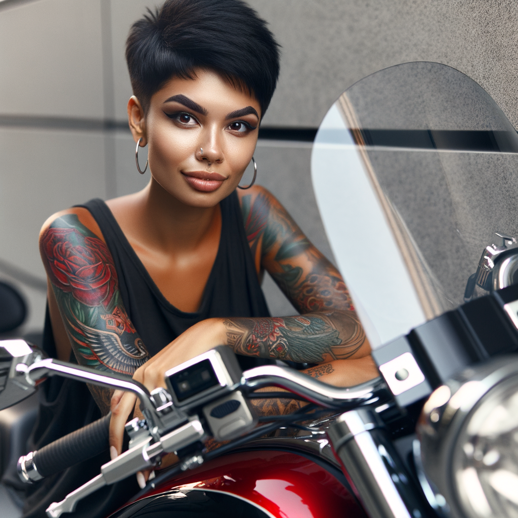 A beautiful Puerto Rican, with short hair and tattoos, she is sitting on a black and red, shiny cromed out Harley Davidson looking at the camera. This image is taken with a canon high resolution for the camera.