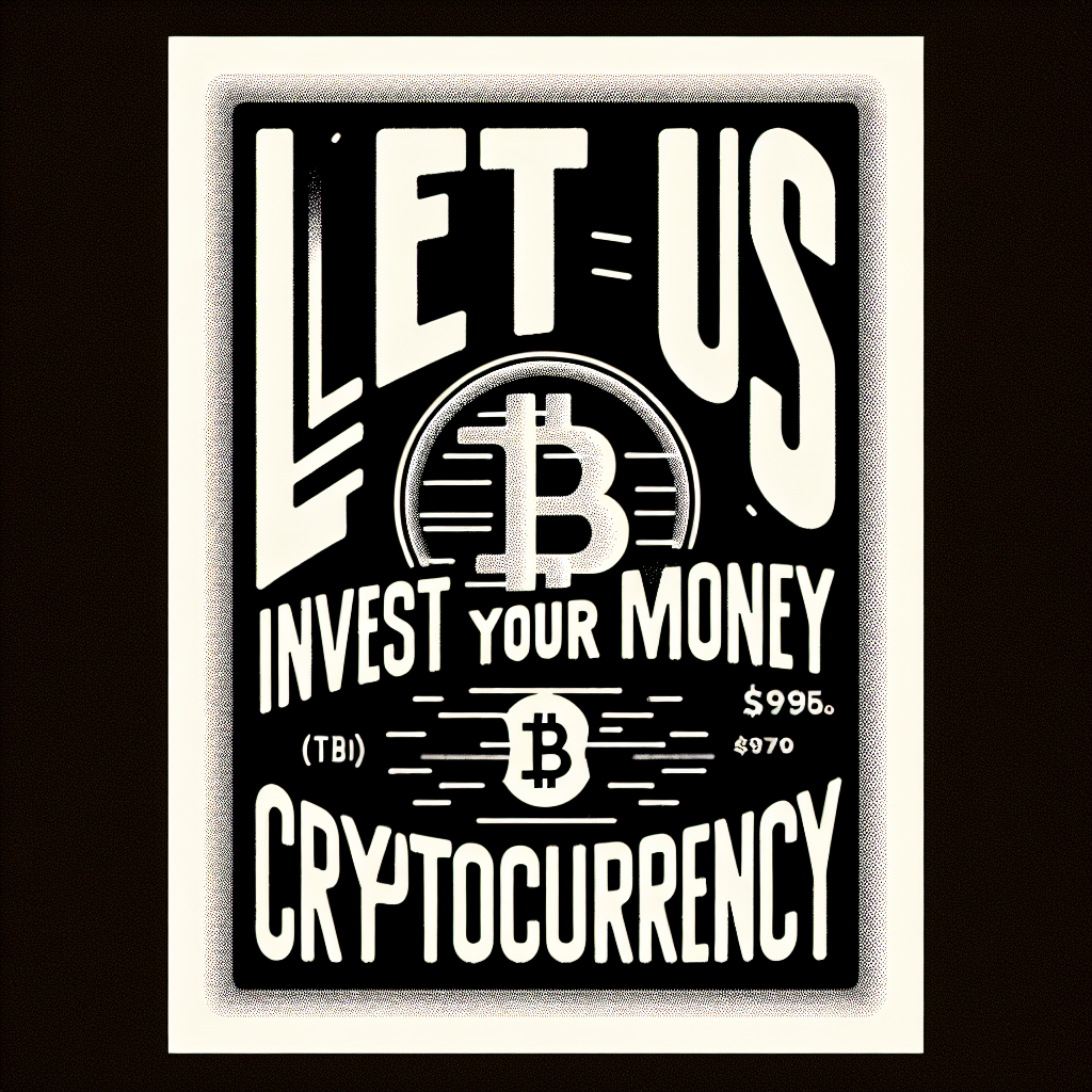 This is a black and white advertisement. It says "Let us Invest Your Money in Cryptocurrency" the image in the backround is a heavy black line drawing, behind the text, of a Bitcoin.