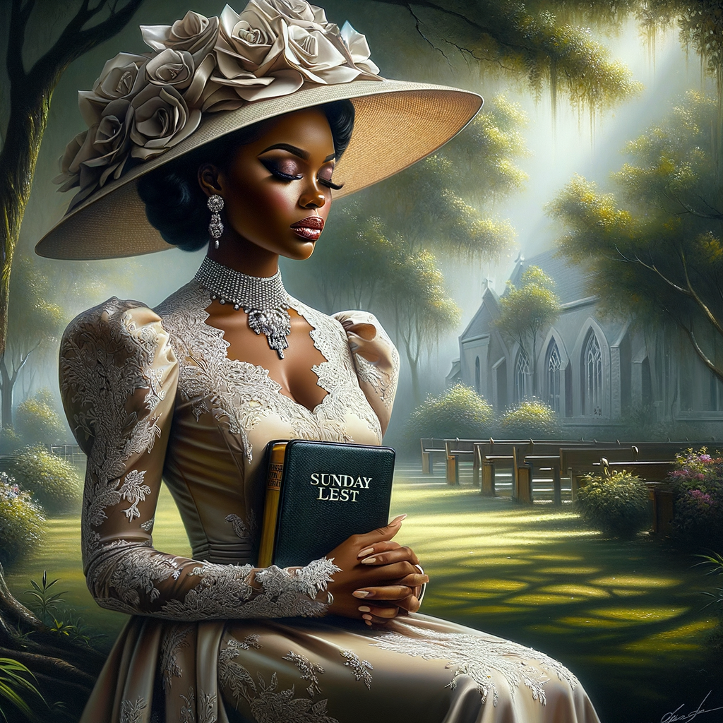 Render an airbrush oil painting of an African American woman with flawless makeup in a
contemplative pose, holding a Bible close to her heart, dressed in an elegant Sunday Best
outfit with a distinctive Church Hat. The background features a peaceful church garden,
with light filtering through the trees, highlighting her spiritual connection and the personal
moment of reflection. The artwork should capture the tranquility of the scene, the beauty
of her attire, and the depth of her contemplation, reflecting a serene and spiritually