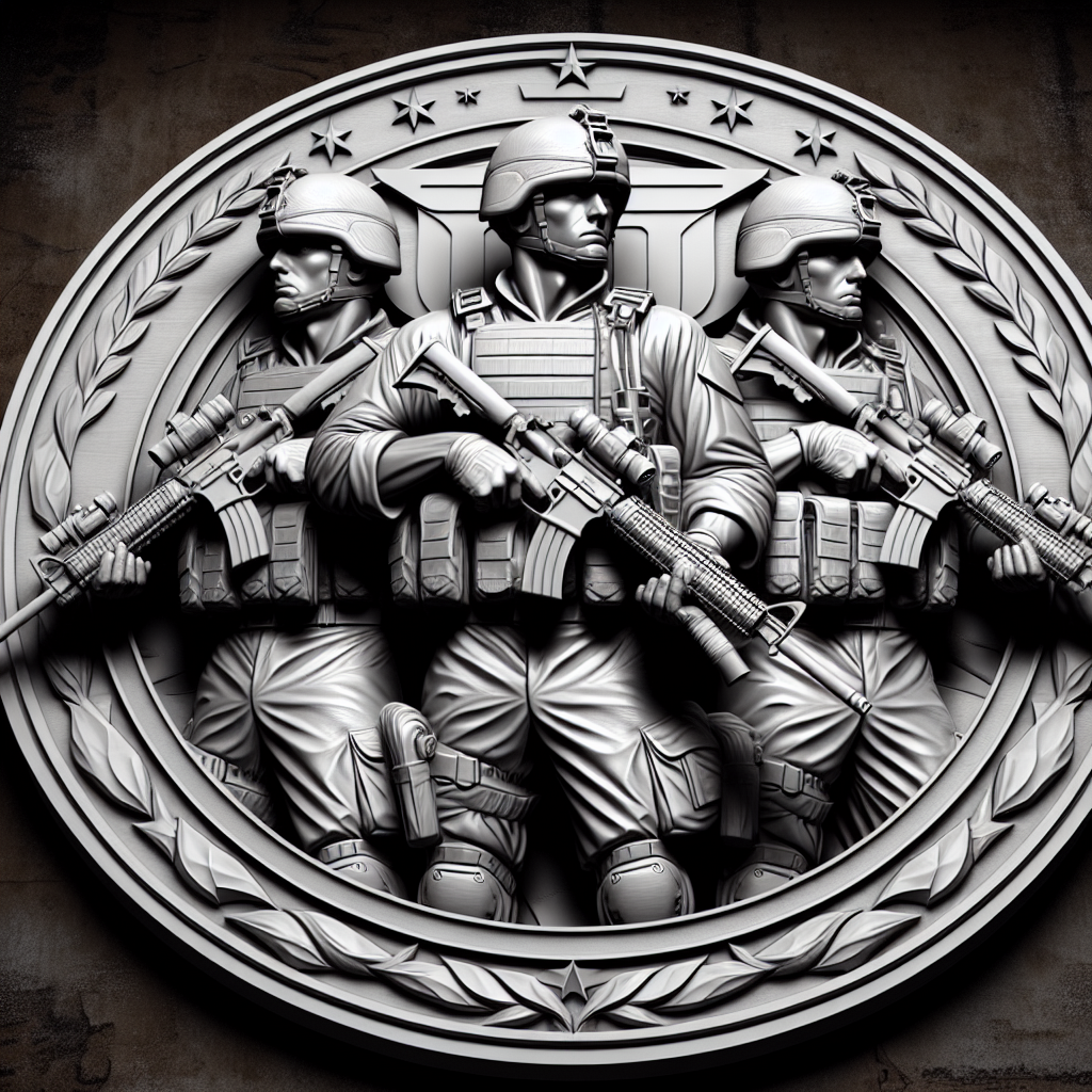 Design a high-contrast grayscale 3d bas relief of three marine soldiers, The composition should be circular like a coin emblem, designed for CNC routing with balanced lighting to accentuate fine details, sharp edges, and distinct textures. Employ deep shadows and strong highlights to define planes and surfaces clearly.