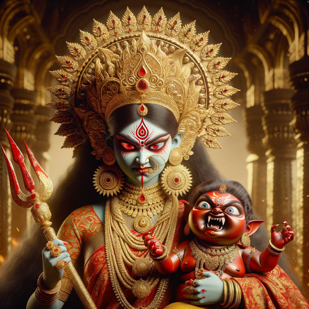 portrait of angry looking goddess durga  carrying a chubby mahishasur in her arms and poking him with her amazingly long red fingernails. She is wearing a huge gold crown, red saree, abundant  gold jewelry, covered in blood. The scene is set in ancient India. The image is 8K resolution, cinematic, ultra detailed face and epic.