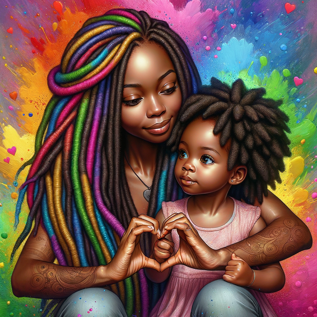 Chibi art style oil painting of an African-American mother with long off black sisterlocs and an African-American toddler girl with should-length off black sisterlocs facing toward the viewer, leaning against each other with their hand intertwined to form the shape of a heart. emphasize the heart shape of their hands as a central symbol of love admist a splash of rainbow colors in the backdrop