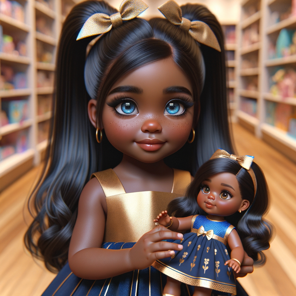 Create a 3-D image of an african-American little girl inside of a medium size, toy store. The little girl has thick long, ponytails and huge blue eyes. She has on a gold and blue jumpsuit with matching bows, She is playing with her favorite african-American cabbage patch doll, the doll has deep, dimples, and freckles and looks just like her