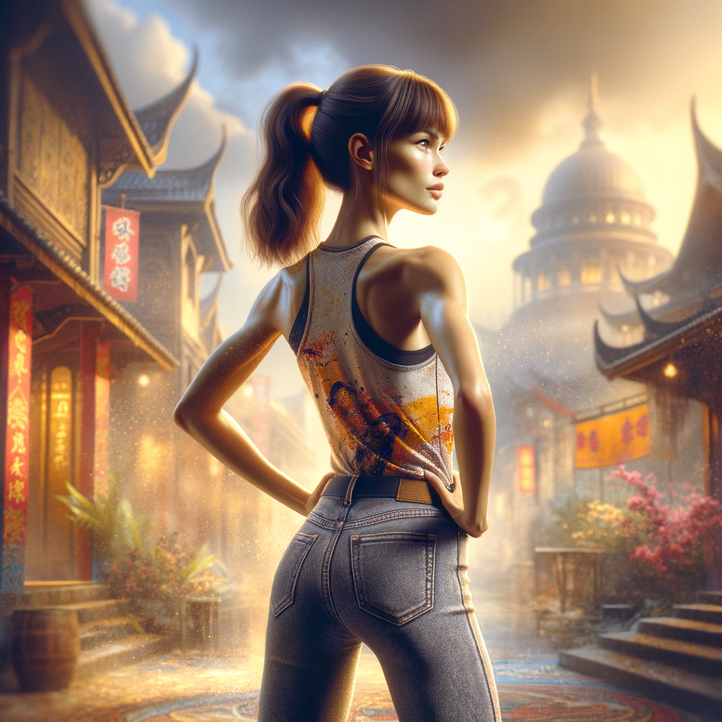 Athletic Thin skinny Attractive, Asian teenage girl, long brown hair and bangs, wearing tight skinny jeans and a halter top paint marks on her clothing, heroic pose Asian graffiti background, backside view