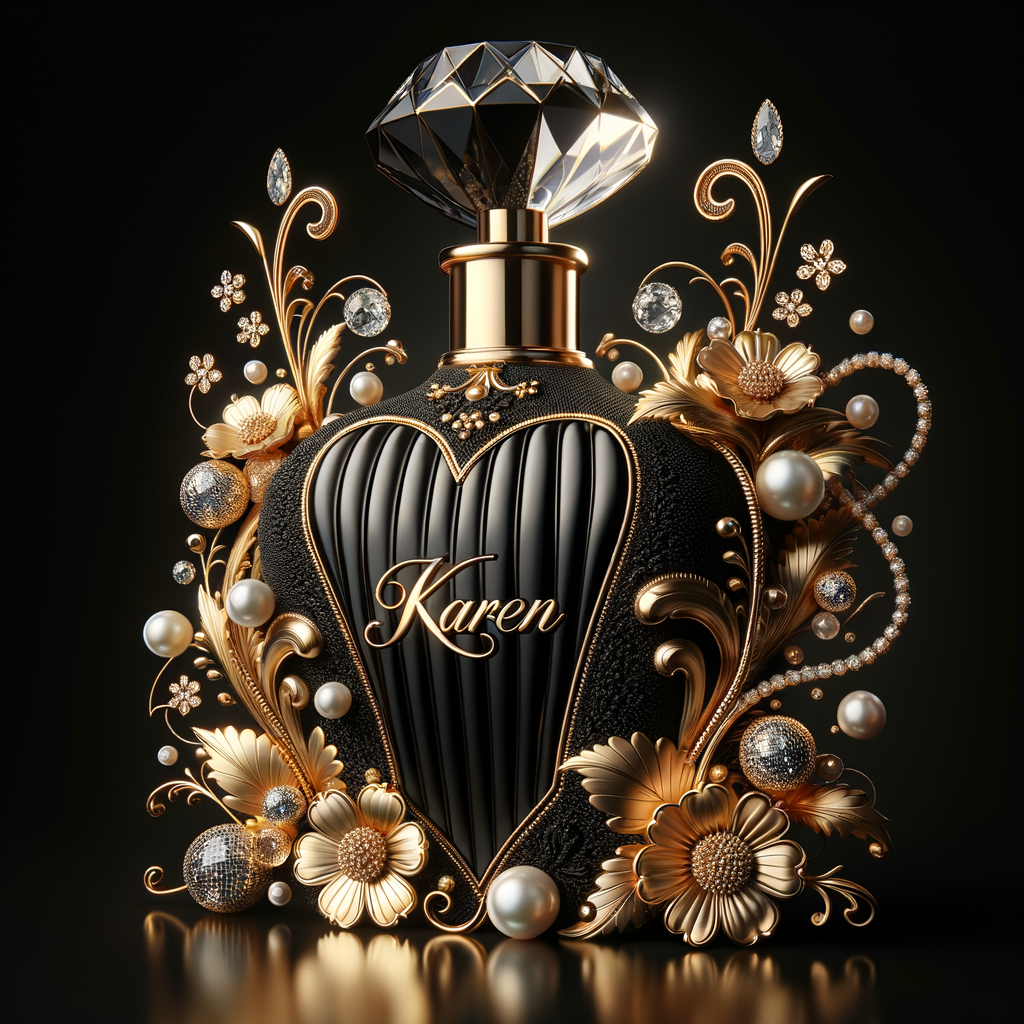 Design a fancy, black and gold bottle of perfume in the shape of a woman’s body. With a golden diamond top, flowers pearls and Diamonds in the name, Karen