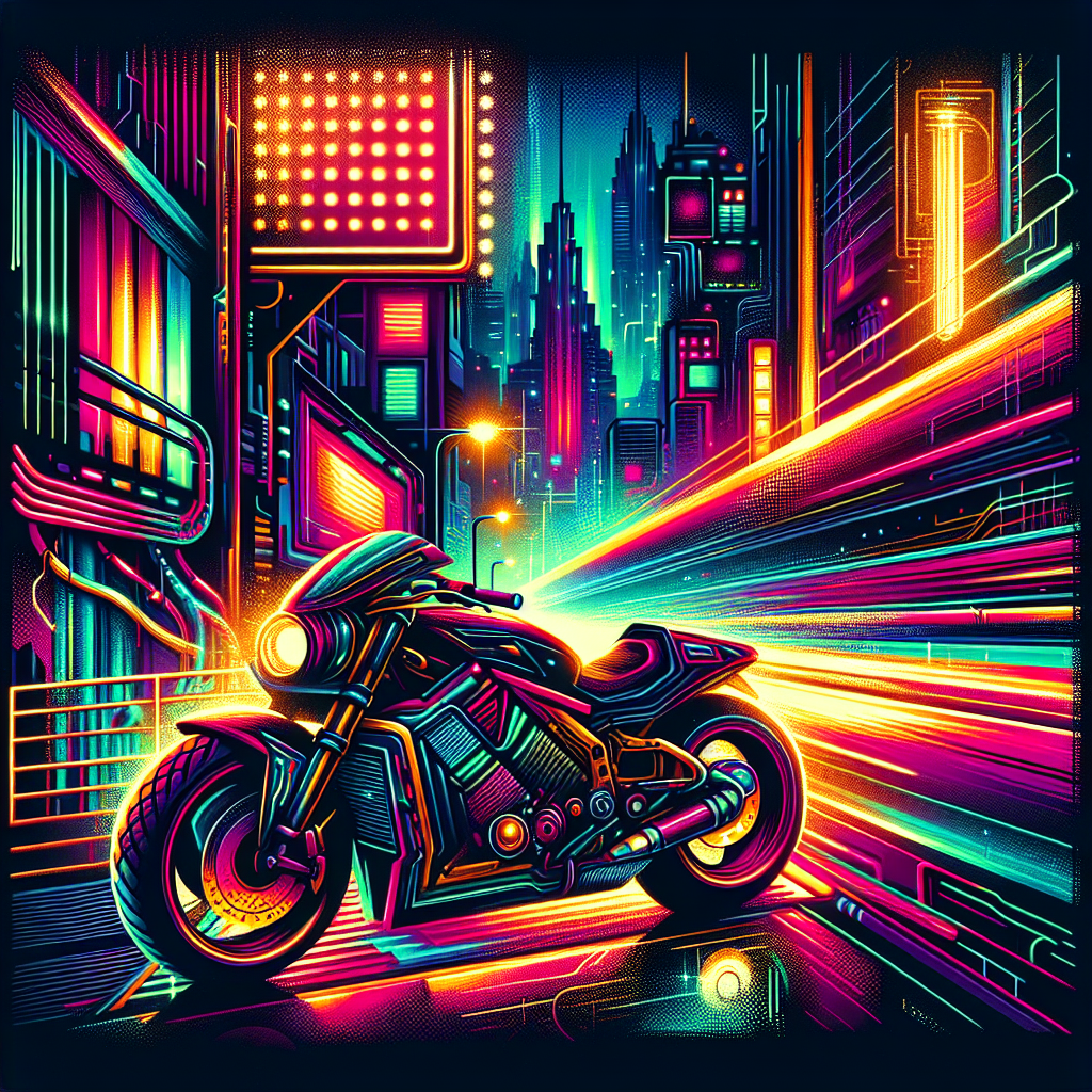 A motorcycle parked on a dimly lit street, glowing under the reflection of bright, colorful neon lights from the nearby building