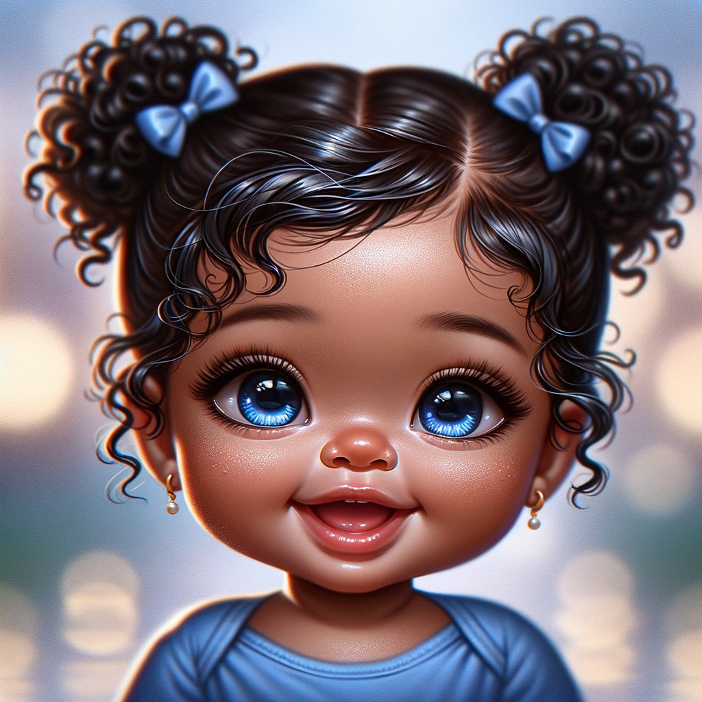 ultra realistic Chibi Style oil painting of Med olive skin  cute African-American American baby girl with deep deep dimples on both checks smiling huge, blue eyes, wearing a blue onesie two curly black pigtails with blue
 ribbons. crystal blue eyes. up-close view bokeh background

S/O Genae Kulah