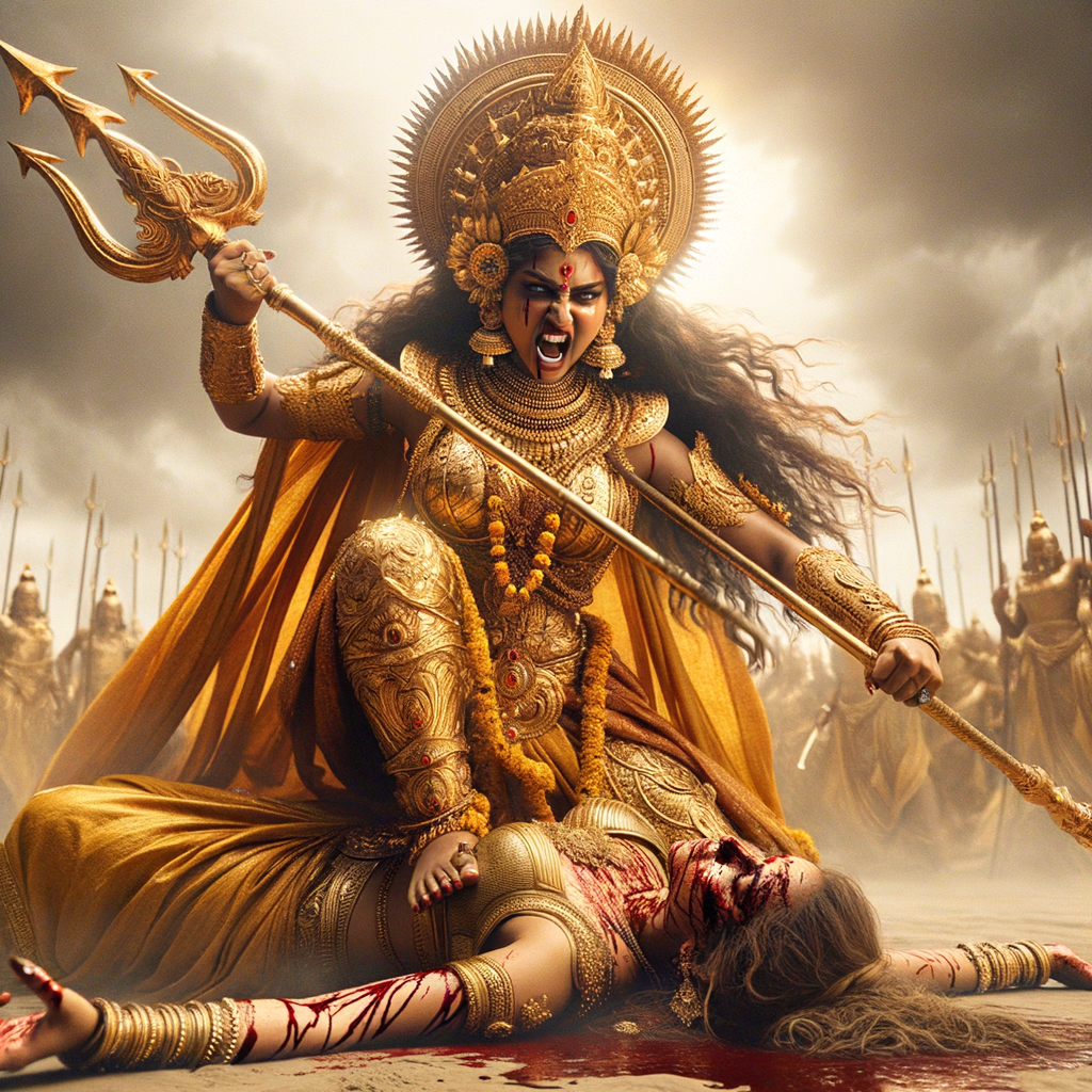 portrait of angry looking, indian goddess trampling a defeated mahishasur with her foot, while he is lying on the ground, she has a trident in her hand. She is wearing gold armor, a huge gold crown, gold saree, abundant  gold jewelry, covered in blood. The scene is set in ancient India. The image is 8K resolution, cinematic, photography, ultra detailed face and epic.