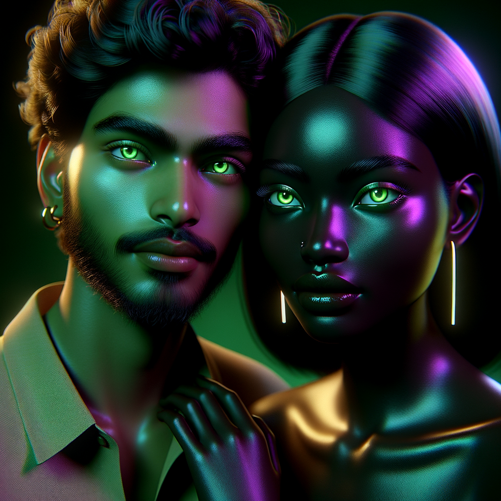 /imagine prompt:A portrait of a couple, a man and a woman, with intense green eyes, their skin glowing subtly under neon lights transitioning from greens to purples. They stand close, their expressions reflecting a shared confidence. Created Using: dual portraiture, neon lighting effects, intimate pose, coordinated fashion, dynamic color interplay, digital artistry, high-definition textures, glibatree prompt, engaging expressions, elegant styling --ar 1:1