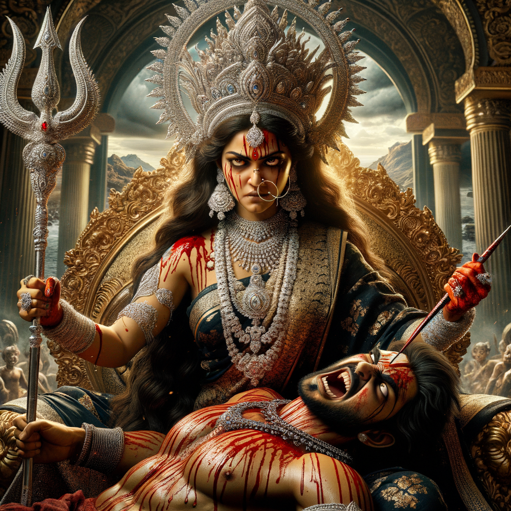 portrait of angry looking goddess durga sitting on a gold crown and carrying a weak mahishasur on her lap and stabbing him with her amazingly designed trident. She is wearing a huge diamond crown, black saree, abundant diamond jewelry, covered in blood. The scene is set in ancient India. The image is 8K resolution, photograph, cinematic, ultra detailed face and epic.