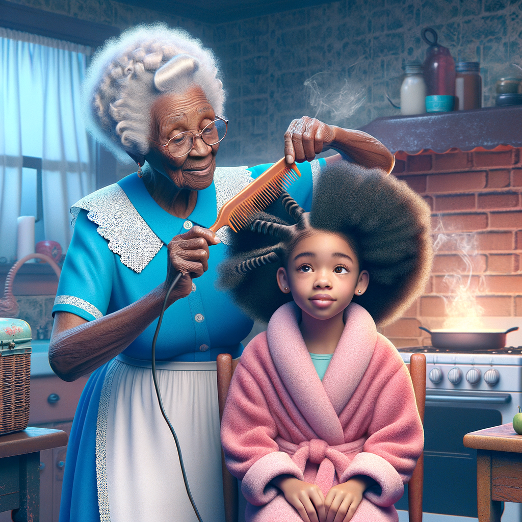 Create a realistic 3-D image of an african-American grandmother wearing a blue house dress and a white apron . She is in the kitchen with her african-American granddaughter. Her granddaughter is wearing a pink bath robe. The grandmother has a hot comb in her hand and she is straightening her granddaughters hair. One side of her granddaughters hair is in  a Afro the other straight 
There is smoke coming from the hot comb
The granddaughter is making a face