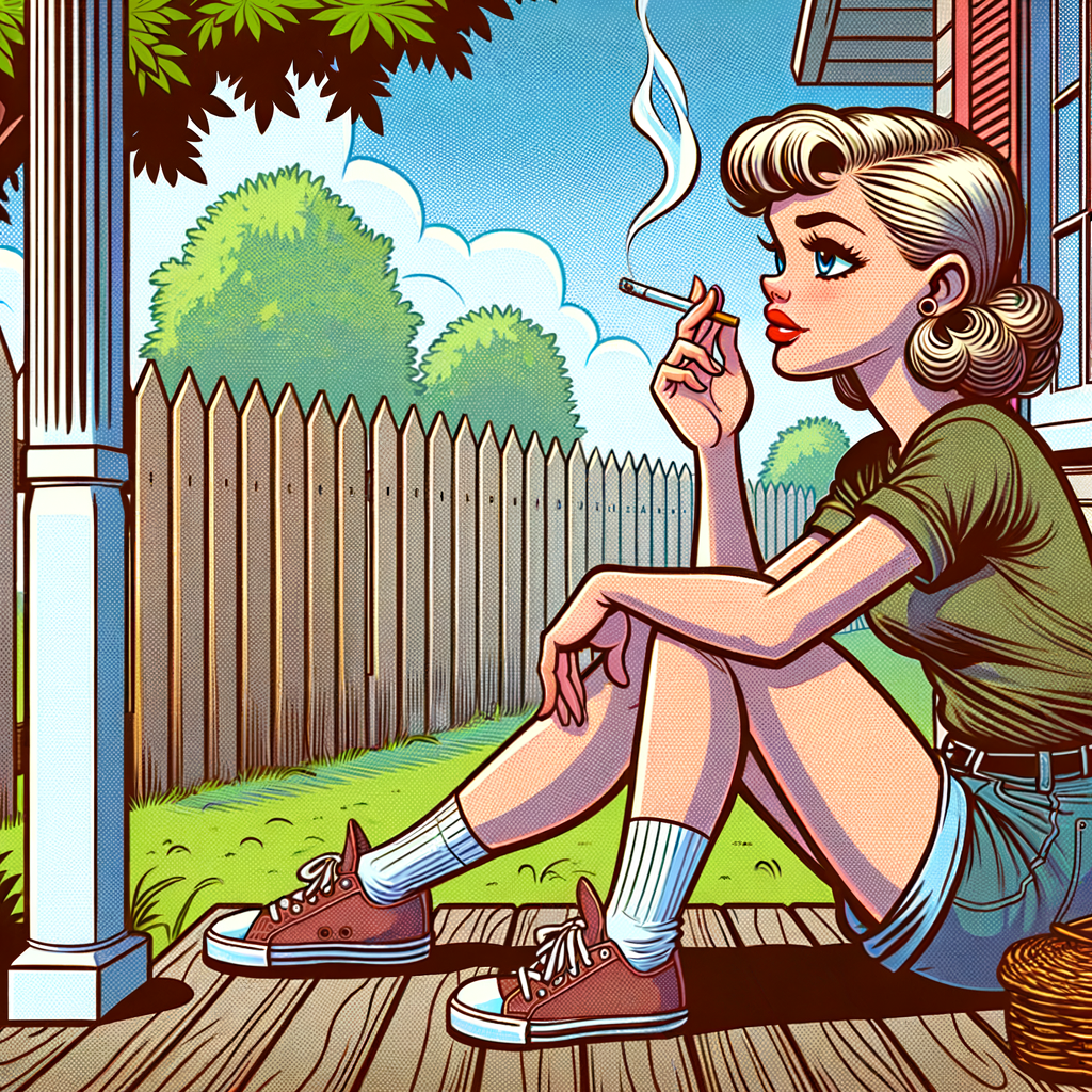 Girl with pigtails smoking a cigarette on the porch.