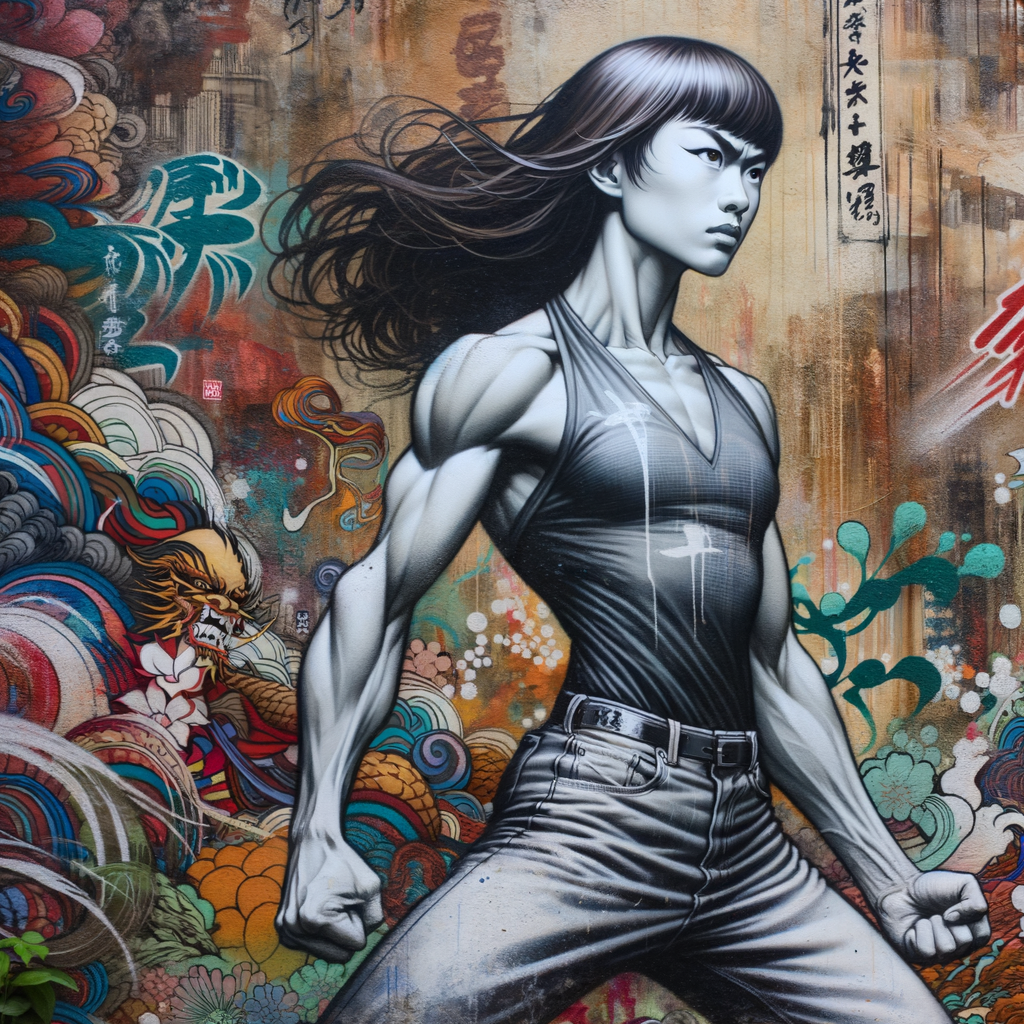 Very thin Athletic Thin skinny Attractive, Asian teenage girl, long brown hair and bangs, wearing tight skinny jeans and a halter top paint marks on her clothing, heroic sideways pose Asian graffiti background