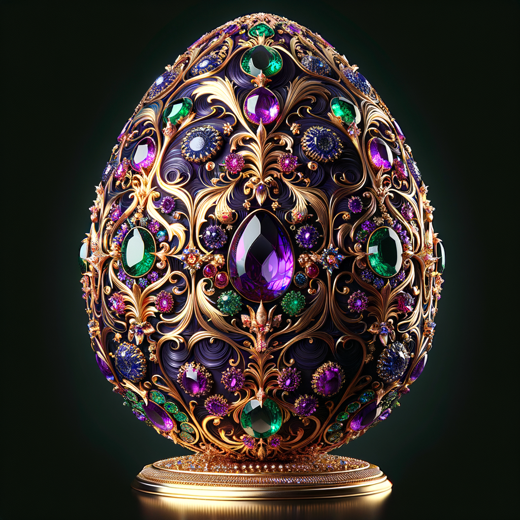 Create an image of an exquisite egg-shaped object, oriented to face the viewer head-on. The design should feature a deep purple base adorned with opulent gold filigree, floral patterns, and encrusted with various jewels such as emeralds, sapphires, and a prominent amethyst. The egg stands regally on a gold pedestal, gleaming with reflective elegance. Its intricate details and rich colors should convey a sense of luxury and royal splendor.