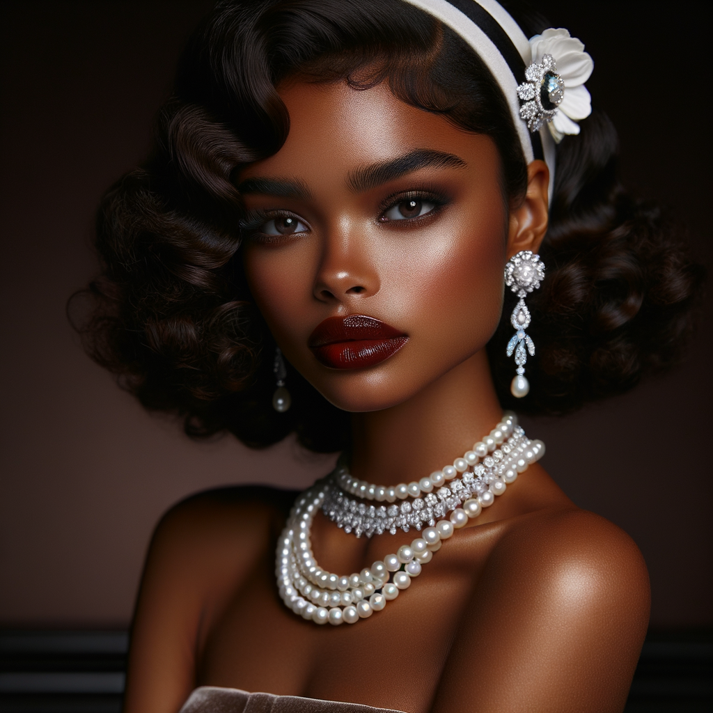 Envision a light-skinned African-American Hawaiian woman, embodying a mix of cultural elegance. Her hair is styled in glamorous, voluminous curls that frame her face, with a chic white and black headband accented by a luxurious pearl and diamond brooch. Her makeup is classic and sophisticated, with a smoky eye and deep red lipstick that complements her complexion. Adorning her neck are strands of pearls, adding to her opulence, and her ears feature large, chandelier earrings with pearls and diamonds that glisten. She carries the grace of Hawaiian charm, with her head slightly tilted in a dignified pose, her eyes full of depth and history. The background is a rich, dark shade that contrasts with her radiant skin.