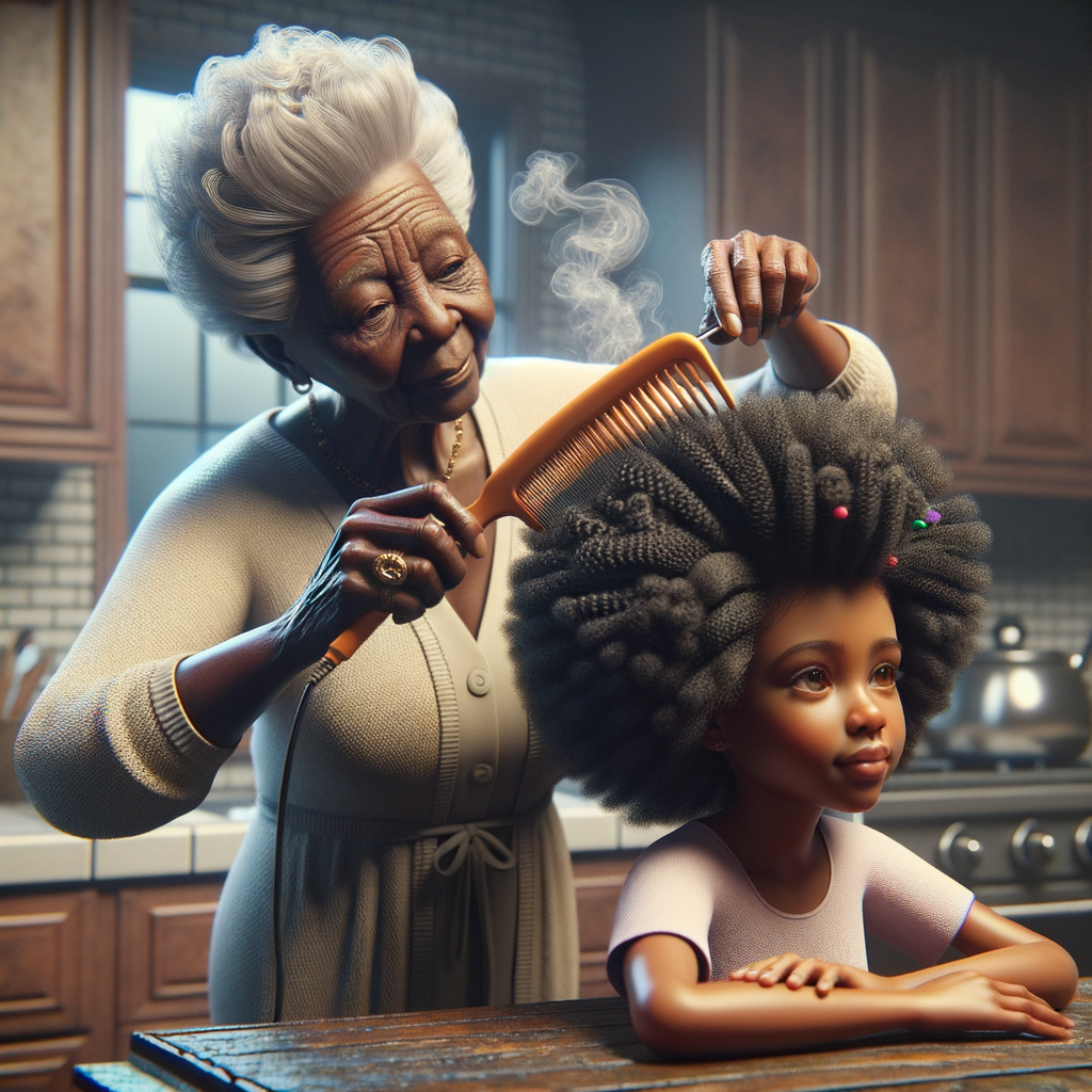 Create a realistic 3-D image of an african-American grandmother in the kitchen with her african-American granddaughter. The grandmother has a hot comb in her hair and she is straightening her granddaughters hair. One side of her granddaughters hair is in  a Afro the other is bone straight 
There is smoke coming from the hot comb