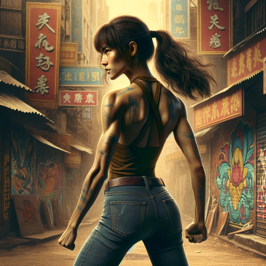 Athletic Thin skinny Attractive, Asian teenage girl, long brown hair and bangs, wearing tight skinny jeans and a halter top paint marks on her clothing, heroic pose Asian graffiti background, backside view