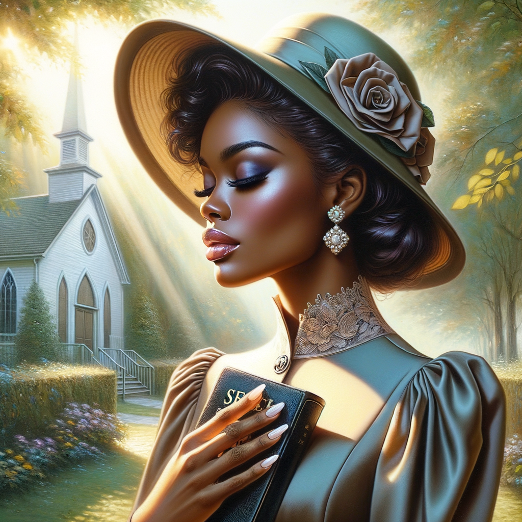 Render an airbrush oil painting of an African American woman with flawless makeup in a
contemplative pose, holding a Bible close to her heart, dressed in an elegant Sunday Best
outfit with a distinctive Church Hat. The background features a peaceful church garden,
with light filtering through the trees, highlighting her spiritual connection and the personal
moment of reflection. The artwork should capture the tranquility of the scene, the beauty
of her attire, and the depth of her contemplation, reflecting a serene and spiritually