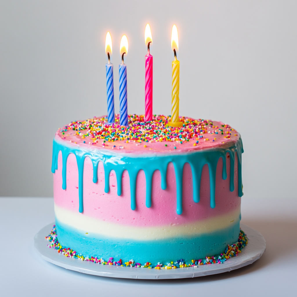 A vibrant, festive birthday cake with three lit candles on top. The cake is  two tiered with colorful frosting—pastel pink on the top layer and sky blue on the bottom. The frosting drips slightly over the edges for a delicious effect. Bright, multicolored sprinkles are scattered over the top. The three candles are evenly spaced, each with a different color—red, yellow, and blue—with soft glowing flames. The background is completely white