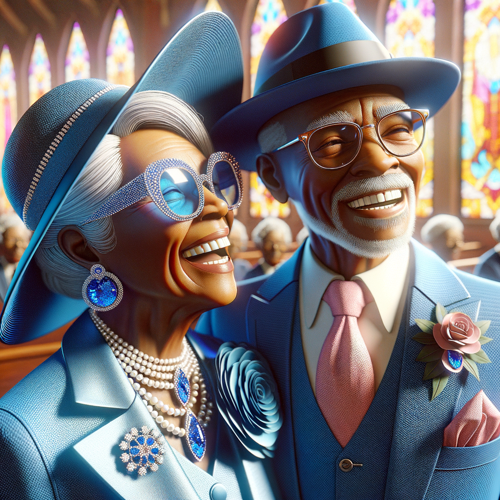 Create a heartwarming and detailed realistic 3-D image of an elderly African American couple sharing a moment of joy and laughter. The woman is stylishly dressed in a blue church suit with a matching wide-brimmed hat and bedazzled, blue-tinted glasses that sparkle with personality. Her jewelry is elegant and classic, featuring pearls and matching blue diamond earrings. The man is dapper in a sharp blue suit with a pink tie and pocket square, his glasses adding a touch of sophistication. They are at a church event, the stained glass windows casting a colorful glow around them. Their expressions are filled with happiness, reflecting a life well-lived and a relationship filled with love.