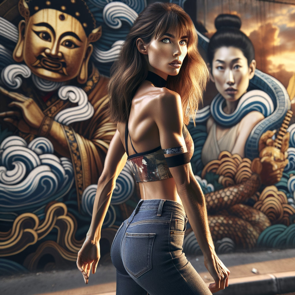 Athletic Thin skinny Attractive, Asian teenage girl, long brown hair and bangs, wearing tight skinny jeans and a halter top paint marks on her clothing, heroic pose Asian graffiti background, backside view