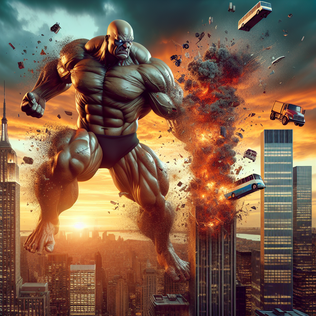 Create a hyper-realistic image showcasing an evil, muscular, bald giant demonstrating superhuman strength by casually hurling vehicles towards skyscrapers, causing massive explosions and a dramatic shower of debris scattering across the skyline.