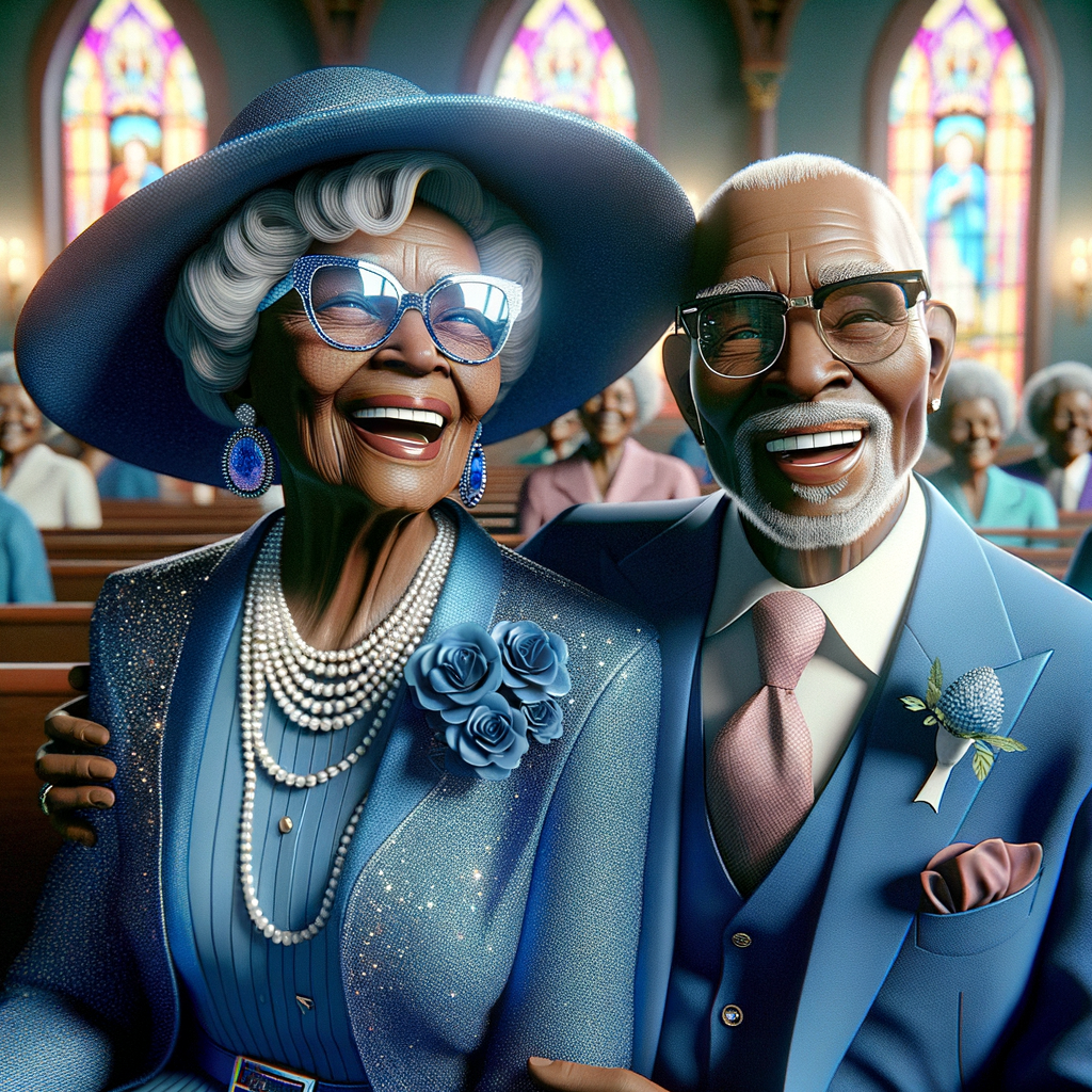 Create a heartwarming and detailed realistic 3-D image of an elderly African American couple sharing a moment of joy and laughter. The woman is stylishly dressed in a blue church suit with a matching wide-brimmed hat and bedazzled, blue-tinted glasses that sparkle with personality. Her jewelry is elegant and classic, featuring pearls and matching blue diamond earrings. The man is dapper in a sharp blue suit with a pink tie and pocket square, his glasses adding a touch of sophistication. They are at a church event, the stained glass windows casting a colorful glow around them. Their expressions are filled with happiness, reflecting a life well-lived and a relationship filled with love.