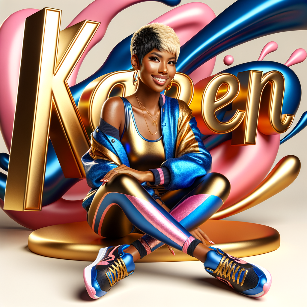 3D writing name "KAREN" bold glossy gold. There is a beautiful African-American latino woman, smiling with a black and blonde pixie cut hairdo,blue and gold trendy jacket and outfits in blue, pink, and gold tones, sport shoes, sitting under the name. Her outfits are glossy. dynamic color explosion background, of pink, blue, gold colors, splashed on white wall