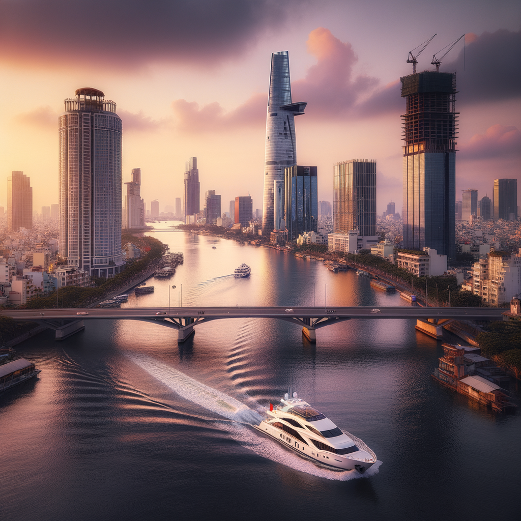 Saigon skyline with a yatch going through the saigon river