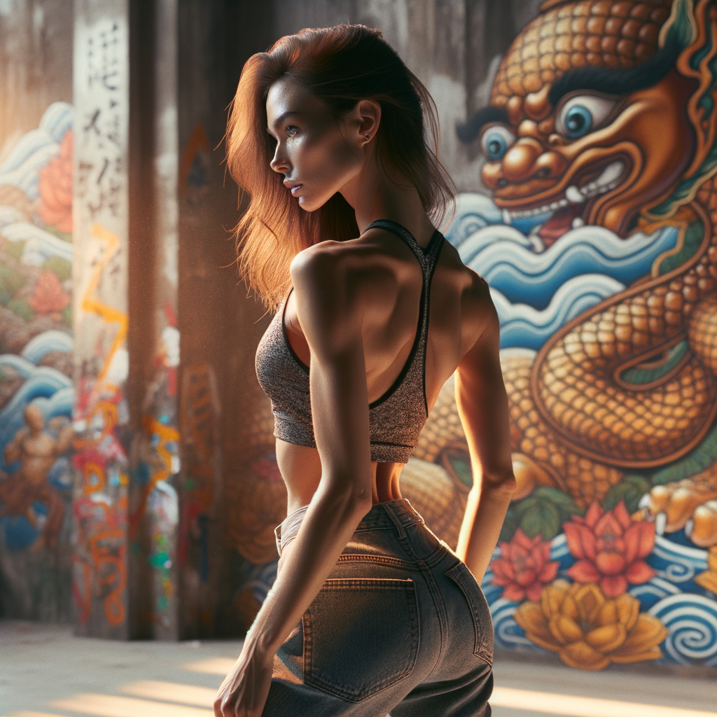 Athletic Thin skinny Attractive, Asian teenage girl, long brown hair and bangs, wearing tight skinny jeans and a halter top paint marks on her clothing, heroic pose Asian graffiti background, backside view