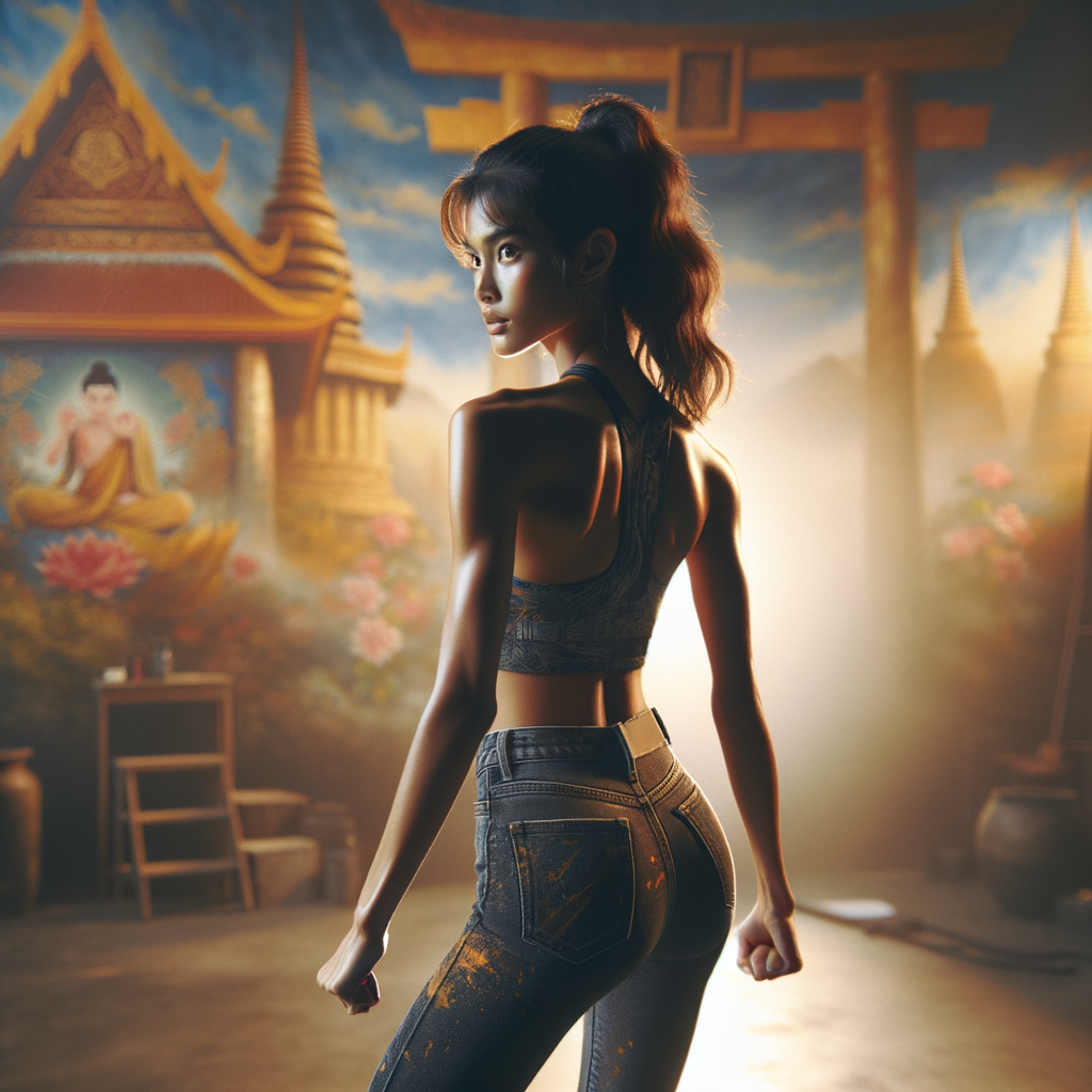 Athletic Thin skinny Attractive, Asian teenage girl, long brown hair and bangs, wearing tight skinny jeans and a halter top paint marks on her clothing, heroic pose Asian graffiti background, backside view