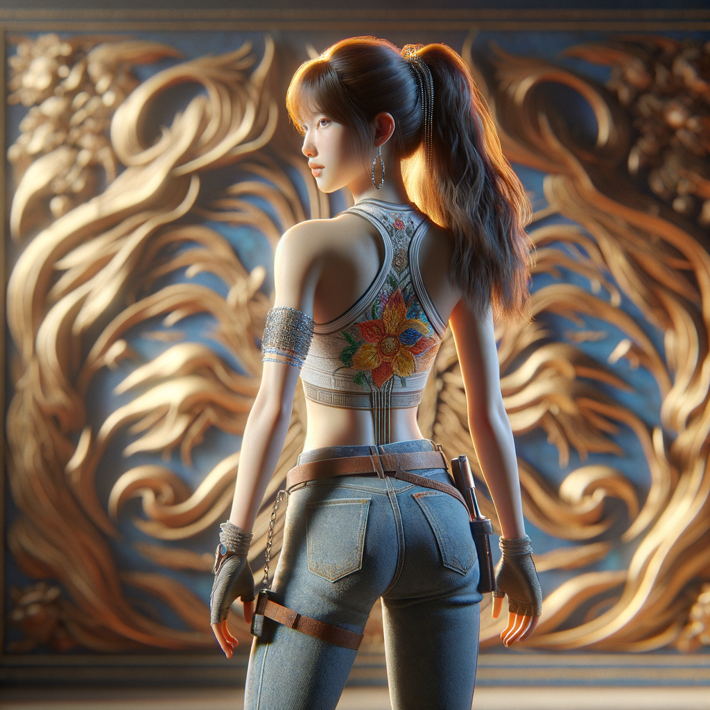 Athletic Thin skinny Attractive, Asian teenage girl, long brown hair and bangs, wearing tight skinny jeans and a halter top paint marks on her clothing, heroic pose Asian graffiti background, backside view