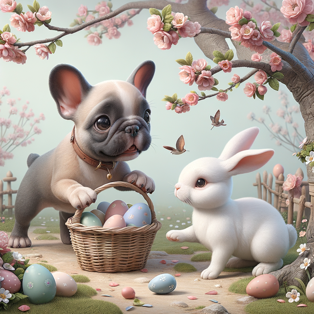 A whimsical, folksy art image of a mischievous little (colour) french bulldog with very big eyes playing under blossom tree branches, add white Easter rabbit, fantasy art, watercolour