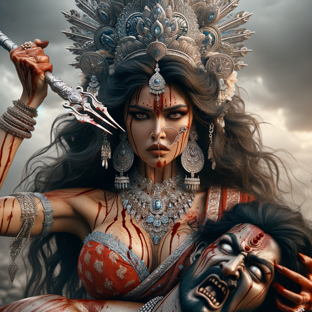 portrait of angry looking, gorgeous goddess durga cosplayer carrying a weak mahishasur in her two arms and stabbing him with her amazingly designed trident. She is wearing a huge silver crown, red saree, abundant silver jewelry, covered in blood. The scene is set in ancient India. The image is 8K resolution, cinematic, ultra detailed face and epic.