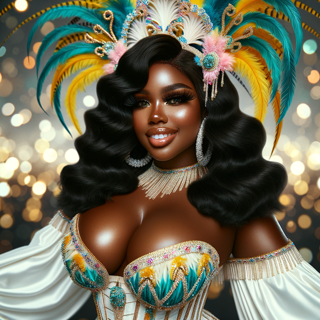 Create a 3-D  vivid full-body view of a colorful glossy hyper-realistic oil painting of a detailed illustration full length photo single image of a beautiful African-American caramel skinned woman plus sized, with long, black, wavy hair, her make up is airbrushed and flawless, she is dressed in a white, teal and yellow large, elaborate, elegant, very detailed carnival costume with colorful African-American pink, blue, gold yellow green feathers, flawless makeup, prominent lashes, black peep toe heels, white pixie hair, background bokeh, she is stunning and smiling, digital art.