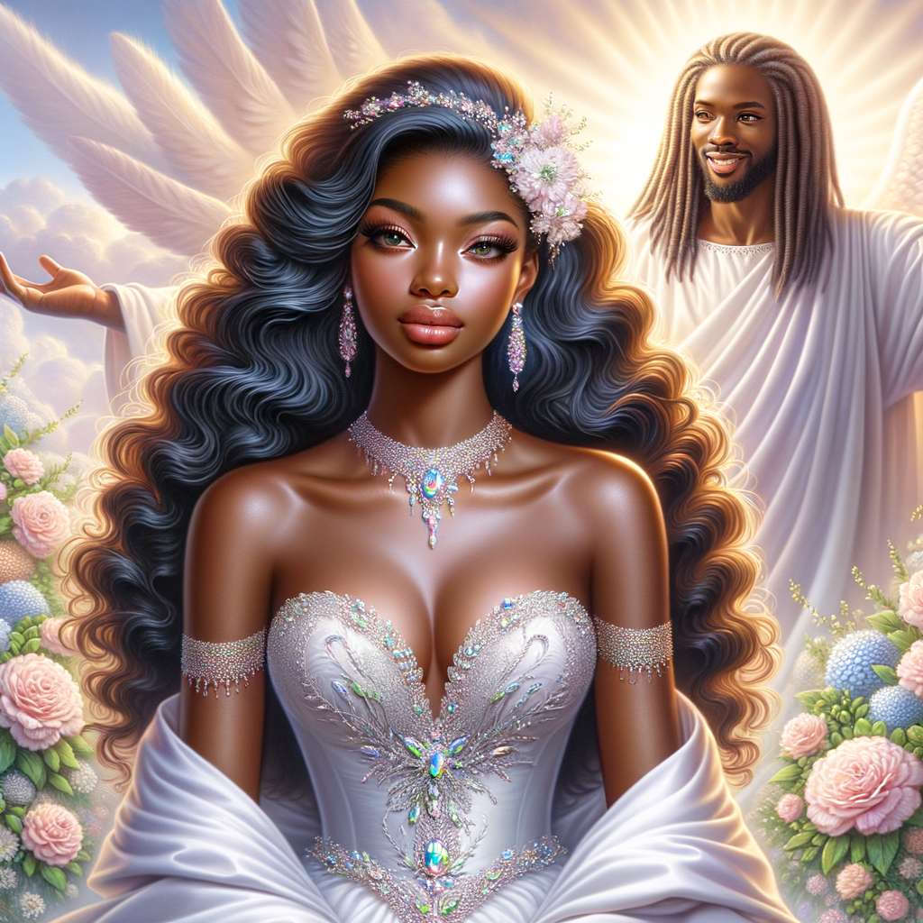 Create a 3-D realistic oil, painting of a beautiful African-American bride. She has long flooring, wavy hair and her gown has beautiful jewels around the neckline. in the background there is a beautiful African-American Jesus Christ with long dreadlocks, and he is smiling. He is very handsome pastel flowers throughout the image.