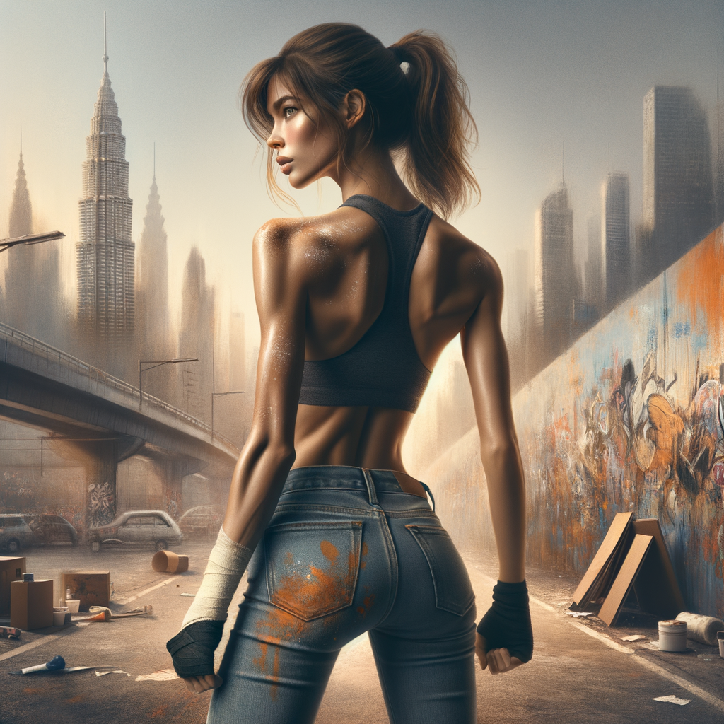 Athletic Thin skinny Attractive, Asian teenage girl, long brown hair and bangs, wearing tight skinny jeans and a halter top paint marks on her clothing, heroic pose Asian graffiti background, backside view