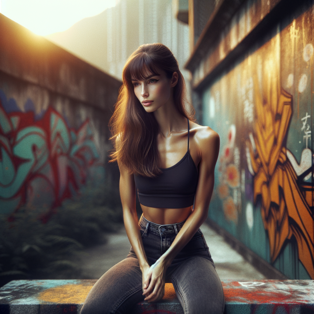 Athletic Thin skinny Attractive, Asian teenage girl, long brown hair and bangs, wearing tight skinny jeans and a halter top paint marks on her clothing, heroic pose Asian graffiti background, backside view