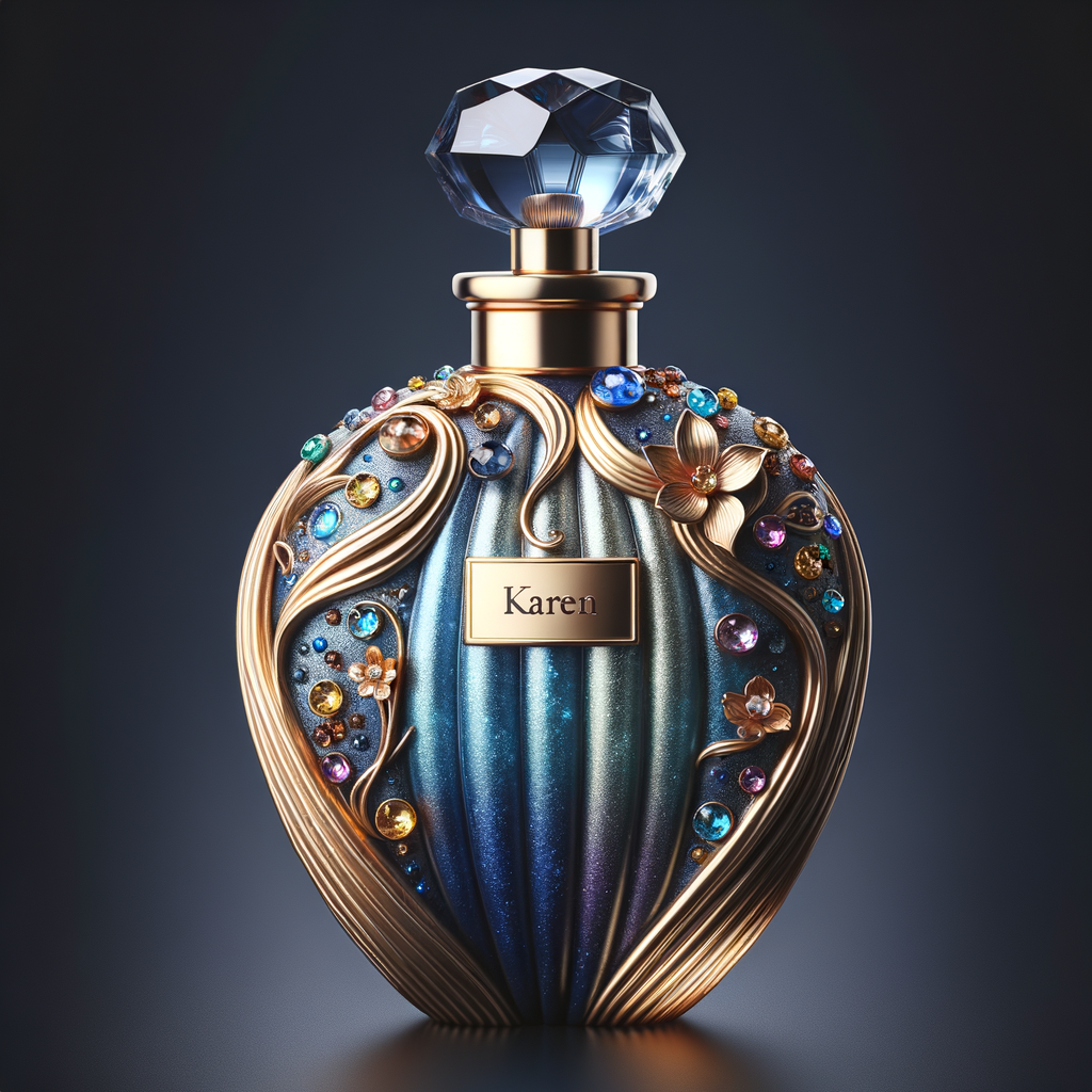 Create a 3-D realistic gold and  blue, colorful jewels perfume bottle
In the shape of a women’s body with the name Karen