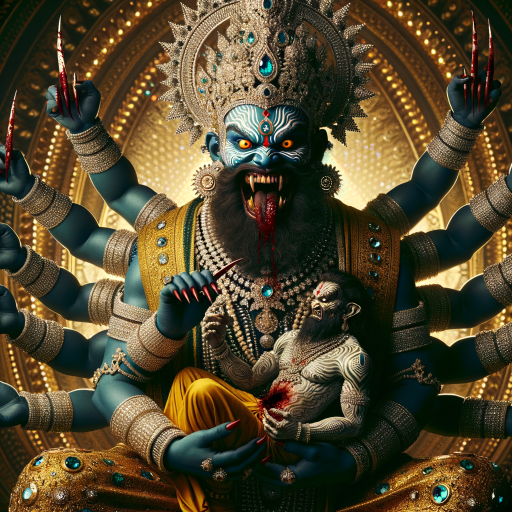 portrait of angry looking, four-armed indian goddess blue skinned sitting on a gold crown and carrying a weak mahishasur on her lap and poking his abdomen with her amazingly long red fingernails . She is wearing diamond armor, a huge diamond crown, black saree, abundant  diamond jewelry, covered in blood. The scene is set in ancient India. The image is 8K resolution, cinematic, photography, ultra detailed face and epic.