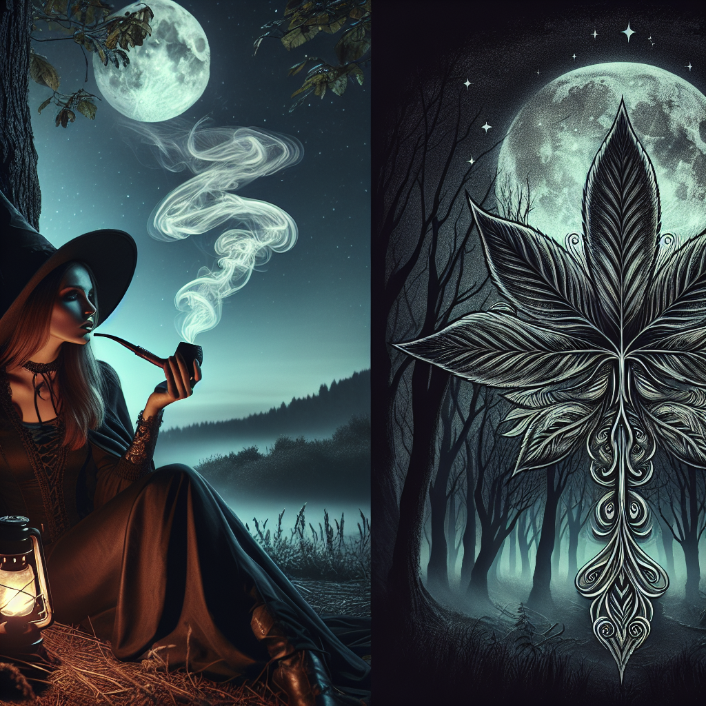 "In the heart of an enchanting forest glade, a mysterious witch reclines against an ancient tree, drawing fragrant, swirling smoke from a herbal pipe. The night air is calm, and the moonlight casts a gentle glow around her, illuminating her serene expression. Behind her, the backdrop features a stylized illustration of a five-lobed plant leaf, crafted with delicate artistry. The scene balances a sense of mystical tranquility with the natural beauty of her woodland sanctuary." Horrorcore