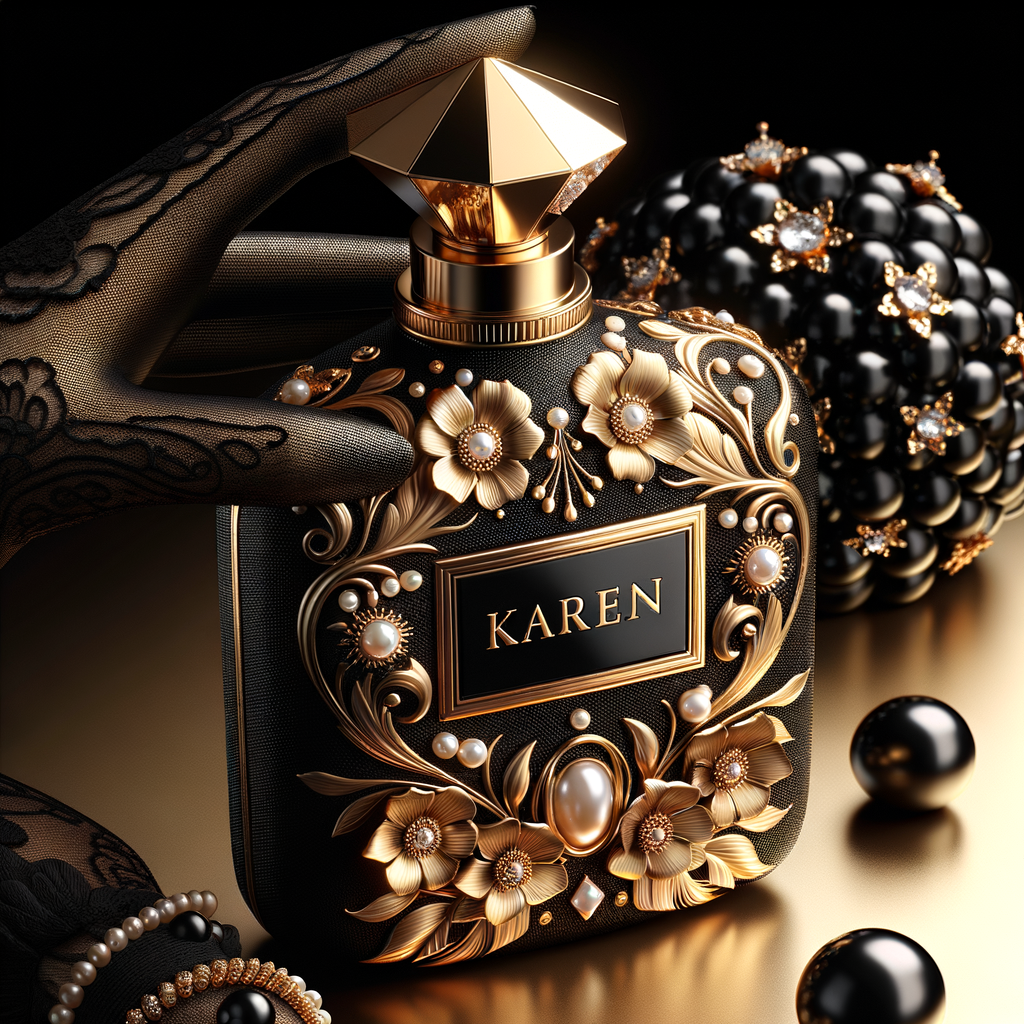 Design a fancy, black and gold bottle of perfume in the shape of a woman’s body. With a golden diamond top, flowers pearls and Diamonds in the name, Karen