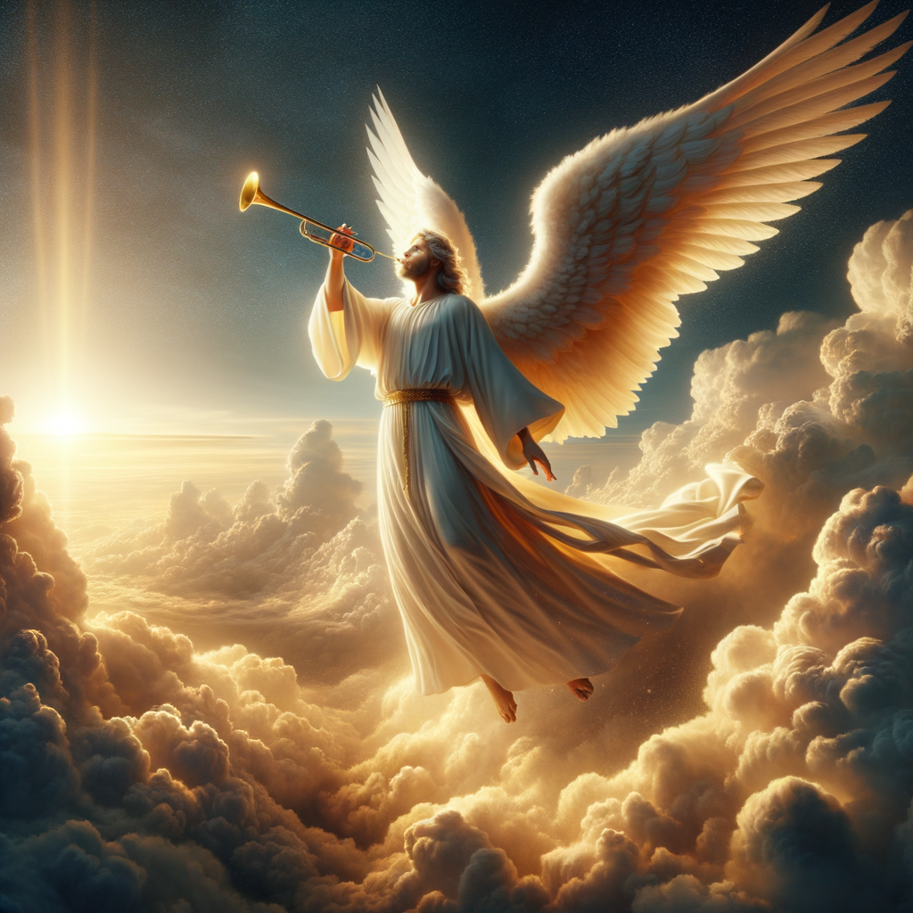 Create an image of an arc angel, blowing his trumpet coming in the clouds