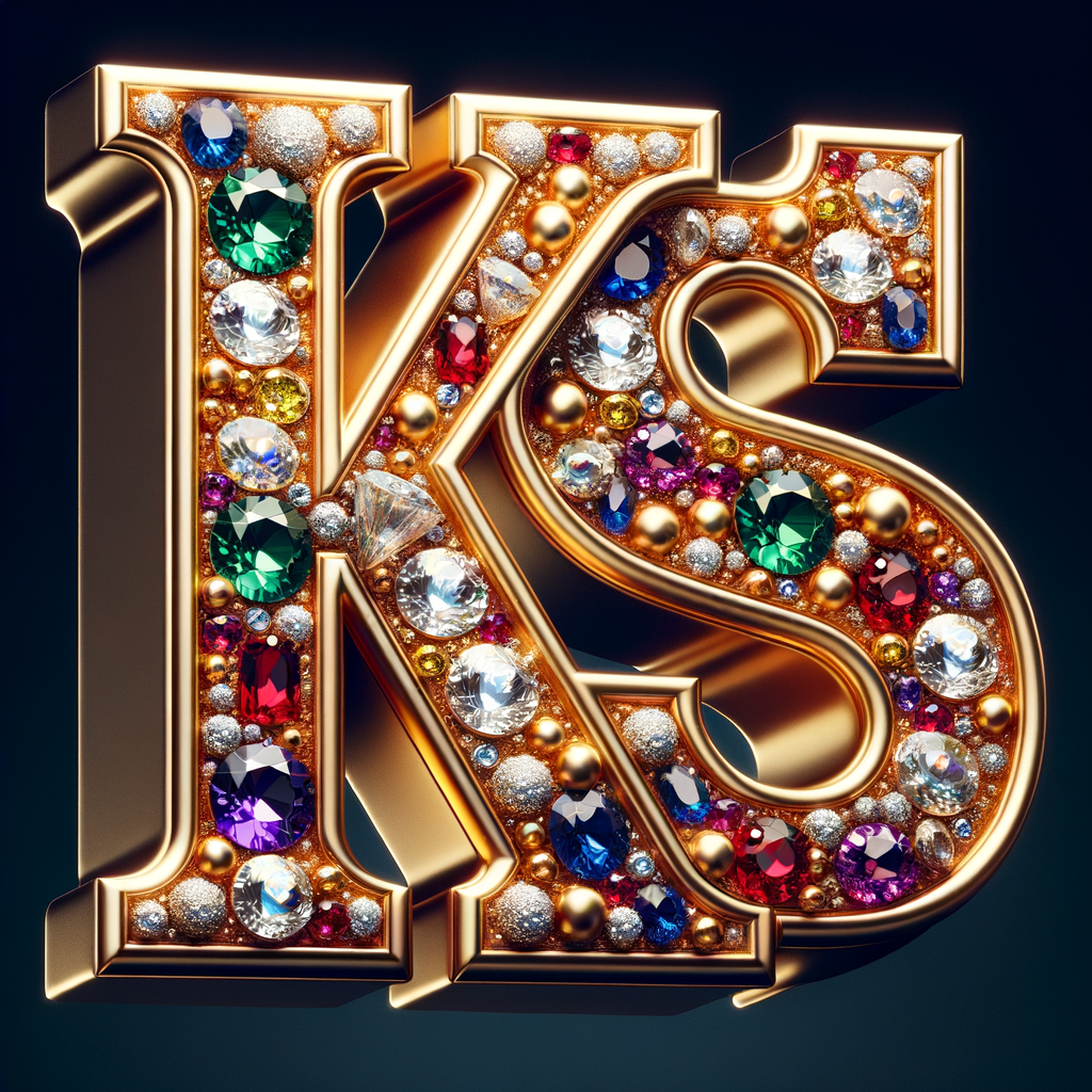 Create a 3-D realistic image with the letters  K.S. in gold raised letters , Add diamonds and colorful jewels